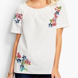 TALBOTS white cotton tropical flower embroidered off shoulder blouse size large